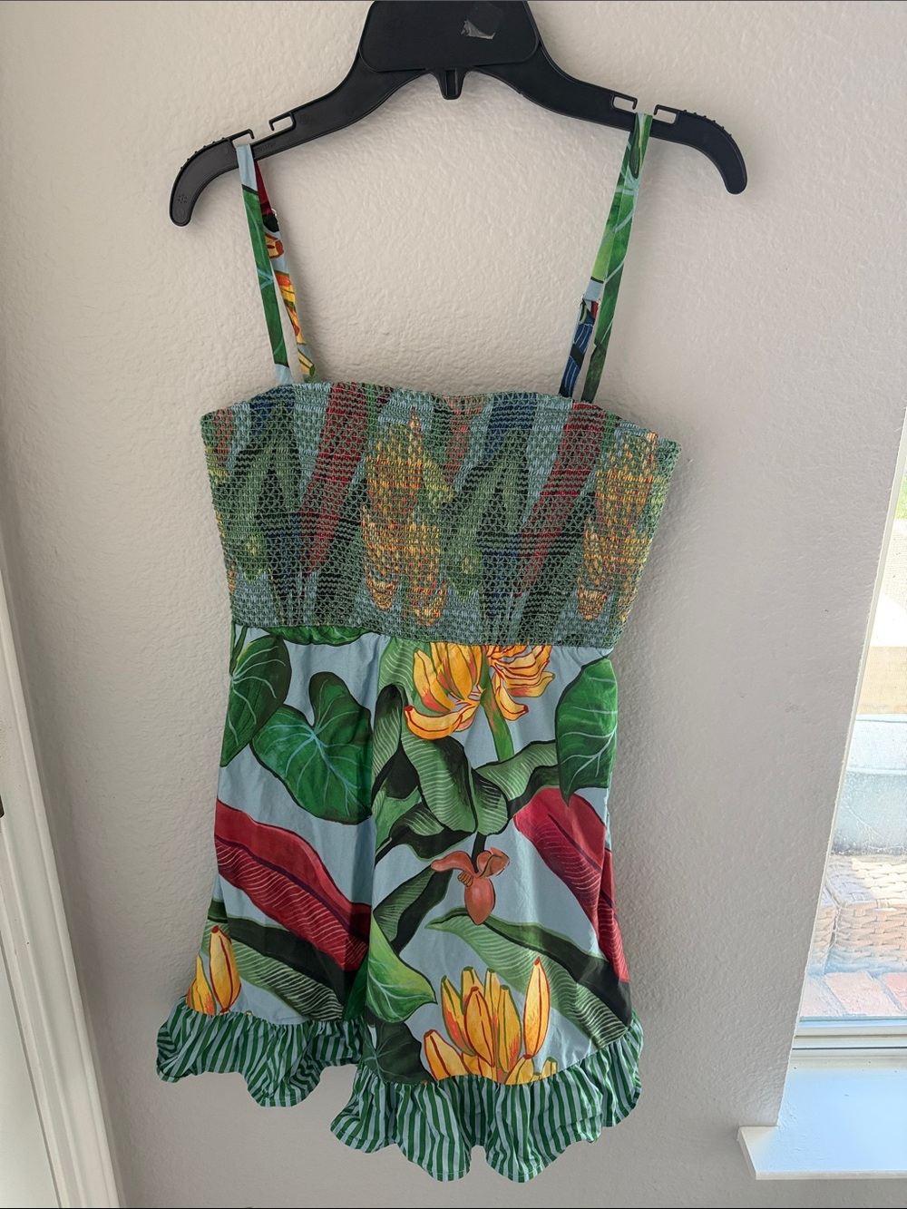 FARM Rio x Anthro Tropical Floral Smocked Mini Dress in Green, Yellow, Red, Blue
